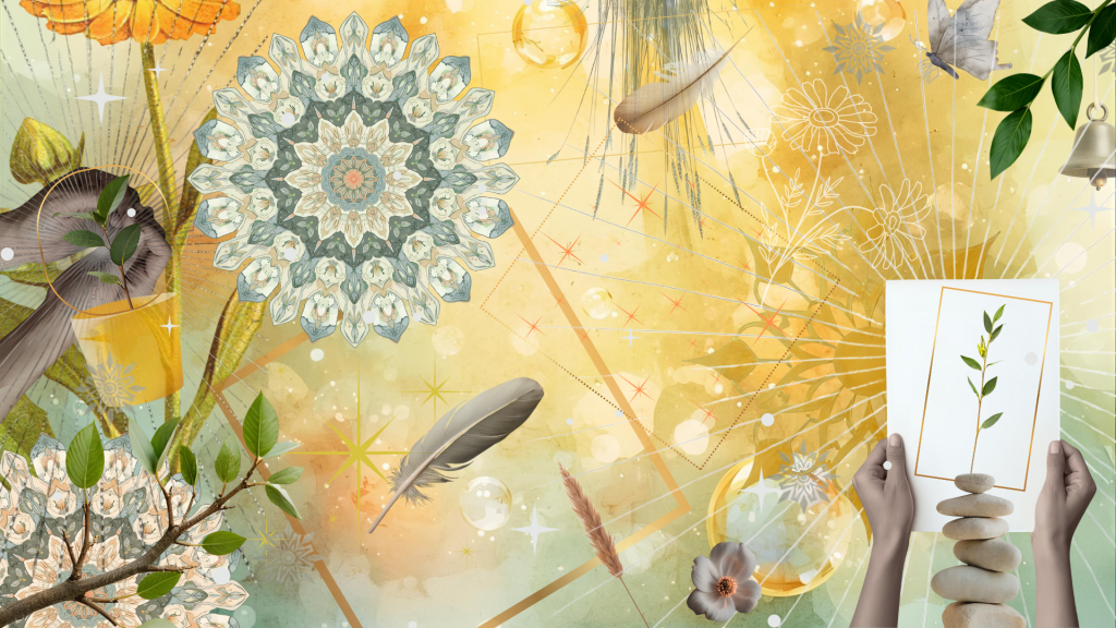 Collage featuring hands, plants, mandalas, feathers, and light elements, symbolizing growth, balance, and guidance.