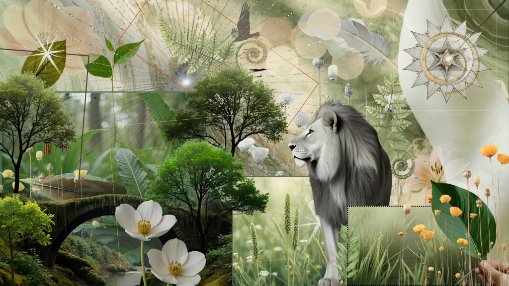 Collage featuring a lion, flowers, mandala patterns, and feathers, symbolizing strength, beauty, balance, and guidance.